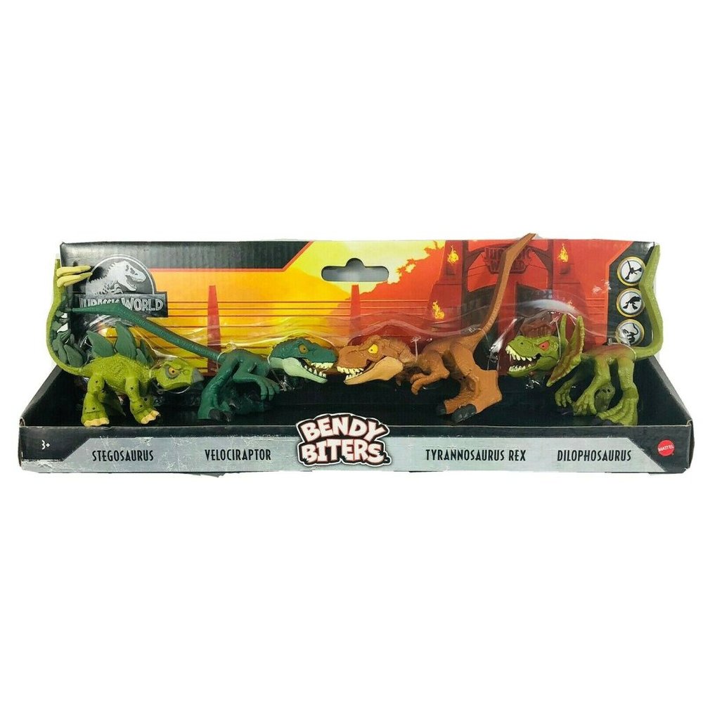 Jurassic World Bendy Biters 4 Dinosaur Figures T-Rex Raptor Stegosaurus Posable